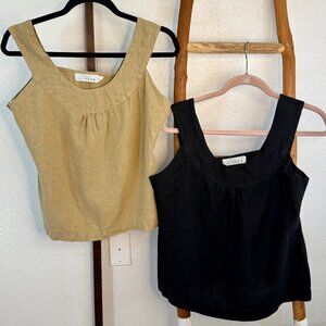 Lot of 2 Willow Women's Linen Sleeveless Tanks Tops Black & Beige SZ M